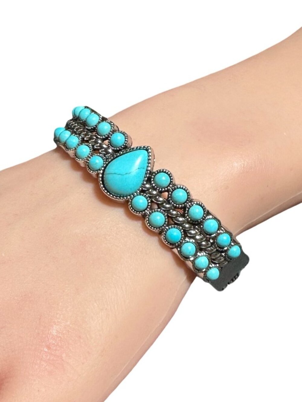 Western Style Bangle Bracelet Hinged Clamper Silver Tone Blue Inlay Womens NWOT